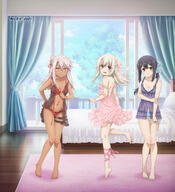 3girls ass_visible_through_thighs babydoll back balcony bare_shoulders barefoot bed black_hair blue_bra blue_panties blue_ribbon blue_sky blush bra breasts brown_eyes brown_skin chloe_von_einzbern cleavage cloud curtains dark-skinned_female dark_skin day embarrassed fatekaleid_liner_prisma_illya fate_(series) full_body hair_ribbon half_updo illyasviel_von_einzbern indoors leg_ribbon licking_lips lingerie long_hair looking_at_viewer miyu_edelfelt multiple_girls navel off_shoulder official_art open_bra panties pantsu parted_lips pink_bra pink_hair pink_ribbon q red_bra red_eyes red_panties red_pantsu red_ribbon ribbon safe sensitive sky small_breasts smile spinning standing standing_on_one_leg stomach take_your_pick thigh_gap thigh_strap tongue tongue_out tree underwear wavy_mouth white_hair window // 1000x1100 // 210.5KB