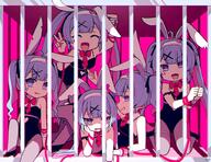 5girls ^_^ animal_ears black_leotard bound bound_wrists bow bowtie cage clone closed_eyes clothing_cutout commentary_request fake_animal_ears hair_ornament hairband hatsune_miku head_rest heart_cutout in_cage leotard long_hair looking_at_viewer lying multiple_girls necktie nontraditional_playboy_bunny open_mouth own_hands_together pantyhose purple_eyes purple_hair rabbit_ears rabbit_hole_(vocaloid) red_bow red_bowtie red_necktie ribbon ribbon_bondage sato_(r017xts117) sensitive sitting smile spaghetti_strap standing teardrop_facial_mark twintails v vocaloid white_hairband x_hair_ornament // 1024x788 // 256.2KB