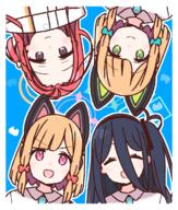 4girls animal_ear_headphones animal_ears aris_(blue_archive) black_eyes black_hair blonde_hair blue_archive border bow cat_ear_headphones circle_formation closed_mouth commentary_request dot_nose facing_viewer fake_animal_ears game_development_department_(blue_archive) general green_eyes hair_between_eyes hair_bow halo headphones long_bangs looking_at_viewer midori_(blue_archive) momoi_(blue_archive) multiple_girls open_mouth pink_eyes portrait red_hair redhead siblings sisters twins upside-down white_border yoru_nai yuzu_(blue_archive) // 1000x1180 // 903.3KB