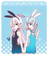 2girls animal_ear_hairband animal_ears arona_(blue_archive) back-to-back black_choker blue_archive blue_background blue_eyes blue_hair braid choker colored_inner_hair cowboy_shot fake_animal_ears fake_tail general grey_hair hair_over_one_eye hairband halo hand_up highres holding_hands interlocked_fingers long_bangs long_hair looking_at_viewer multicolored_hair multiple_girls outline pink_hair plana_(blue_archive) rabbit_ear_hairband rabbit_ears rabbit_tail red_pupils short_hair single_braid tail white_choker yoru_nai // 1120x1318 // 357.9KB