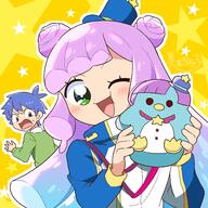 1boy 1girl ;d animal_bag bag blue_hair double_bun gradient_hair green_eyes hair_bun hands_up hat highres holding holding_bag jacket kawaii_kotarou long_hair long_sleeves looking_at_another looking_at_viewer looking_back mini_hat mini_top_hat monster_girl multicolored_hair one_eye_closed open_mouth outline puniru_(puniru_wa_kawaii_slime) puniru_wa_kawaii_slime purple_hair quriltai slime_girl smile star_(symbol) star_symbol_background surprised top_hat upper_body white_outline yellow_background // 1470x1467 // 258.2KB