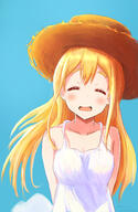 1girl blonde_hair blue_eyes blue_sky closed_eyes cloud collarbone dress general hat k-on! kotobuki_tsumugi long_hair open_mouth outdoors sky sleeveless sleeveless_dress smile solo straw_hat thick_eyebrows upper_body white_dress yusaku2021com // 2160x3330 // 1.0MB