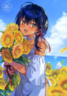 1girl ahoge bare_shoulders black_hair blue_hair blue_sky blush choker cloud d dark-skinned_female dark_skin day dress falling_petals flower general hair_ribbon holding holding_flower konbu_wakame looking_at_viewer motion_blur non-web_source ocean open_mouth original outdoors petals ribbon safe sara_(konbu_wakame) scan short_hair sky smile solo sundress sunflower sunlight white_dress yellow_eyes yellow_flower // 2868x4100 // 1.4MB