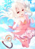 1girl ascot bare_shoulders blue_sky blush boots brown_ascot cloud cloudy_sky collared_shirt commentary cross d day detached_sleeves elbow_gloves english_commentary fatekaleid_liner_prisma_illya fate_(series) fingers_to_cheeks full_body gloves grey_hair hair_between_eyes illyasviel_von_einzbern latin_cross long_hair long_sleeves magical_girl magical_ruby open_mouth pink_footwear pink_shirt pink_sleeves pink_thighhighs pleated_skirt prisma_illya red_eyes revision round_teeth sensitive shirt skirt sky sleeveless sleeveless_shirt smile solo teeth thigh_boots thighhighs two_side_up upper_teeth_only very_long_hair white_gloves white_skirt yuzuzukushi // 1074x1500 // 1.6MB