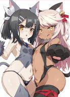 2girls animal_ear_fluff animal_ears animal_hands bare_shoulders bell black_gloves black_hair black_leotard black_panties black_thighhighs blue_ribbon blush breasts brown_eyes cat_ears cat_tail center_opening chloe_von_einzbern cosplay dark-skinned_female dark_skin elbow_gloves fake_animal_ears fatekaleid_liner_prisma_illya fate_(series) feather_hair_ornament feathers fur_collar gloves grey_gloves grey_legwear grey_vest hair_between_eyes hair_ornament hair_ribbon hairclip illyasviel_von_einzbern illyasviel_von_einzbern_(beast_style) illyasviel_von_einzbern_(beast_style)_(cosplay) jingle_bell leotard licking_lips long_hair looking_at_viewer miyu_edelfelt miyu_edelfelt_(beast_style) multiple_girls navel neck_ribbon o open_mouth orange_eyes panties paw_gloves pink_hair q ribbon sensitive shimejinameko sidelocks small_breasts smile tail thighhighs thighs tongue tongue_out twintails two_side_up underwear vest // 1052x1466 // 474.8KB