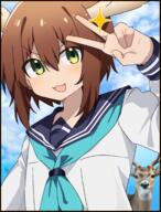 1girl animal arm_up blue_neckerchief blue_sailor_collar blue_sky brown_hair clouds commentary day deer english_commentary green_eyes highres long_sleeves looking_at_viewer neckerchief open_mouth outdoors oz_sumire sailor_collar school_uniform shikanoko_noko shikanoko_nokonoko_koshitantan shirt sky smile solo sparkle v white_shirt // 1632x2146 // 1.7MB