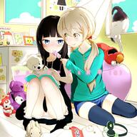 2girls bad_id bad_twitter_id black_dress black_footwear black_hair black_legwear blue_eyes blue_shorts blush book brown_eyes brown_hair cat commentary_request curtains dress elmo face-to-face feeding feline female food green_shirt holding inactive_account lace lace-trimmed_legwear lace_trim legs_up legwear long_hair low_twintails mammal mature mayafufu multiple_females multiple_girls original panchira panchira_(sitting) panties pantsu pantyshot pantyshot_(sitting) photo_(object) picture_(object) picture_frame popsicle q questionable reading ribbon safe sensitive sesame_street shirt short_shorts shorts sitting sleeveless sleeveless_dress smile socks stuffed_animal stuffed_toy thigh-highs thighhighs tied_hair twintails underwear upskirt white_panties white_underwear window // 937x937 // 178.7KB
