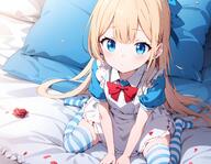 1girl alice_(alice_in_wonderland) alice_in_wonderland apron bangs between_legs blonde_hair blue_dress blue_eyes blue_thighhighs blush bow dpm++_2s_a_karras dress flower frilled_apron frills long_hair looking_at_viewer nekolin233 no_shoes petals pillow red_bow rose sensitive short_sleeves sitting solo striped striped_thighhighs tanchmix thighhighs very_long_hair wariza white_apron // 2640x2048 // 4.8MB