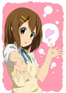 1_female 1girl blush blush_stickers brown_eyes brown_hair female hair_ornament hairclip heart hirasawa_yui iyakun k-on! mature official_style open_mouth outstretched_hand safe sakuragaoka_high_school_uniform school_uniform short_hair short_sleeves solo sweater sweater_vest uniform // 1061x1500 // 846.3KB