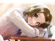 1girl bad_id bad_pixiv_id bag blue_ribbon blush brown_eyes brown_hair chromatic_aberration closed_mouth collared_shirt commentary desk dress_shirt from_side grin hairband handbag head_down head_on_arm head_rest indoors k-on! long_sleeves looking_at_viewer neck_ribbon notebook revision ribbon safe sakuragaoka_high_school_uniform school_desk school_uniform sensitive shirt short_hair smile solo sunlight tainaka_ritsu upper_body verse white_shirt winter_uniform // 4096x3072 // 11.3MB