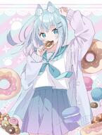 1girl animal_ear_fluff animal_ears arm_up blue_eyes blue_hair blue_neckerchief blue_sailor_collar blue_skirt blush candy cardigan checkerboard_cookie commentary_request cookie doughnut food food_in_mouth hair_ornament hairclip highres holding holding_food lollipop long_hair long_sleeves macaron neckerchief nekomimi open_cardigan open_clothes original pleated_skirt puffy_long_sleeves puffy_sleeves purple_cardigan sailor_collar school_uniform seifuku serafuku skirt sleeves_past_wrists solo striped_background sweater swirl_lollipop tantan_men_(dragon) // 1282x1700 // 425.2KB