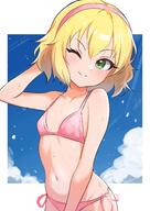 1girl arms_behind_head bikini blonde_hair blue_sky blush breasts cloud collarbone commentary day green_eyes hair_between_eyes hairband idolmaster idolmaster_cinderella_girls looking_at_viewer medium_hair navel nyubebe one_eye_closed pink_bikini pink_hairband safe sakurai_momoka sensitive side-tie_bikini_bottom sidelocks sky small_breasts smile solo stomach string_bikini swimsuit v-shaped_eyebrows // 2894x4093 // 1.1MB