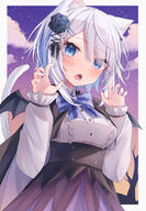 1girl animal_ear_fluff animal_ears black_cape black_flower black_rose blue_bow blue_eyes blue_hair blue_nails blush bow breasts cape cat_ears cat_girl cat_tail center_frills clouds colored_inner_hair commentary_request fang flower frills grey_hair grey_wings hair_flower hair_ornament hairclip halloween hands_up high-waist_skirt highres long_sleeves looking_at_viewer medium_breasts mini_wings multicolored_hair nail_polish open_mouth original puffy_long_sleeves puffy_sleeves purple_skirt ringouulu rose skirt sky sleeves_past_wrists solo star_(sky) starry_sky striped striped_bow sunset tail tail_raised twitter_username two-tone_hair wings // 1015x1470 // 1.1MB