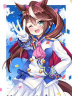 1girl ;d absurdres ascot bangs brown_hair commentary_request confetti day eyebrows_visible_through_hair gloves green_eyes hair_between_eyes hand_on_hip head_tilt highres horse_girl jacket long_hair long_sleeves looking_at_viewer multicolored_hair one_eye_closed open_mouth outstretched_arm pink_ascot pink_neckwear pleated_skirt ponytail safe setu_(shining12) skirt smile solo streaked_hair tokai_teio_(umamusume) umamusume very_long_hair white_gloves white_hair white_jacket white_skirt // 2067x2753 // 3.6MB