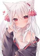 1girl animal_ears bare_shoulders black_jacket fox_ears fox_girl fox_shadow_puppet fox_tail halter_shirt halterneck highres jacket long_hair long_sleeves looking_at_viewer off_shoulder open_clothes open_jacket original red_eyes ringouulu shirt tail white_hair white_shirt // 1088x1520 // 1.2MB