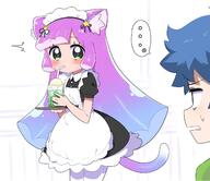 1boy 1girl ^^^ animal_ear_fluff animal_ears apron black_dress blue_hair blush cat_ears cat_tail collared_dress commentary_request dress drinking drinking_straw drinking_straw_in_mouth frilled_apron frills general gradient_hair green_eyes highres holding holding_tray kawaii_kotarou kemonomimi_mode long_hair looking_at_another looking_at_viewer maid maid_headdress melon_soda monster_girl multicolored_hair open_mouth puffy_short_sleeves puffy_sleeves puniru_(puniru_wa_kawaii_slime) puniru_wa_kawaii_slime purple_hair ransusan short_sleeves slime_girl spoken_ellipsis standing tail translation_request tray white_apron white_background // 1392x1200 // 144.2KB