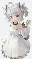 1girl 2 absurdres ahoge animal_collar animal_ears animal_ears_(norankkori) beast_ears belt_collar collar detached_sleeves dress fang flower frilled_dress frills grey_eyes hair_flower hair_ornament highres holding holding_flower oc original shoulder_strap simple_background skin_fang snowflake_print solo tail white_dress white_hair 獣耳 // 3488x6321 // 10.9MB