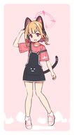 1girl 3 animal_ear_headphones animal_ears arm_up blue_archive blush border brown_hair cat cat_ear_headphones cat_tail collarbone dotted_line fake_animal_ears fake_tail general halo headphones highres looking_at_viewer momoi_(blue_archive) open_mouth overalls pink_background pink_eyes pink_shirt pink_theme shirt shoes short_hair short_sleeves sneakers solo tail white_border yoru_nai // 1088x1962 // 317.4KB