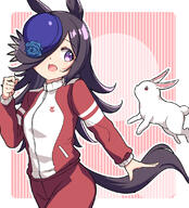 1girl alternate_costume animal_ears black_hair blush breasts flower general gym_uniform hair_over_one_eye hat horse_ears horse_girl horse_tail long_hair moja_(moja4192) open_mouth pants purple_eyes rabbit rice_shower_(umamusume) simple_background small_breasts solo tail track_pants umamusume // 1000x1104 // 743.9KB