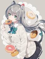 1girl animal_ear_fluff animal_ears black_skirt blush bow bowtie buttons cardigan cat_ears cat_tail collared_shirt commentary_request doily doughnut food green_bow green_bowtie green_eyes grey_background grey_cardigan grey_hair highres long_hair long_sleeves mouth_hold nekomimi original pleated_skirt seifuku shirt skirt solo sweater tail tantan_men_(dragon) white_cardigan white_shirt // 1296x1700 // 430.5KB