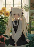 1girl animal_ears black_bow black_hair blonde_hair blush bow closed_mouth curtains dress general hair_bow indoors kgt_(pixiv12957613) long_hair long_sleeves looking_at_viewer no_shoes original plant purple_eyes scenery shirt sitting smile socks solo twintails wariza white_shirt window // 3387x4645 // 6.2MB