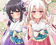 2girls black_hair blush bow breasts brown_eyes detached_sleeves fatekaleid_liner_prisma_illya fate_(series) fate_kaleid_liner_prisma_illya general hair_ornament hakama highres illyasviel_von_einzbern japanese_clothes kimono long_hair looking_at_viewer miko miyu_edelfelt mochi_(k620803n) multiple_girls pink_hakama purple_hakama red_eyes sash sidelocks small_breasts smile white_hair white_kimono wide_sleeves // 1500x1200 // 1.2MB