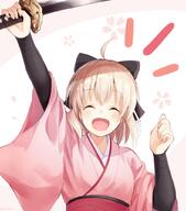 00800246 1_female 1girl 2 ^_^ ahoge arm_up black_bow blonde_hair blush bow clipstudiopaint closed_eyes commentary_request d eyebrows eyebrows_visible_through_hair eyes_closed facing_viewer fate fatego30000users入り fategrand_order fategrandorder fate_(series) fate_grand_order female fgoログ hair_bow hair_ornament happy holding holding_object holding_weapon japanese_clothes katana kimono mature nonono nonono_(nononotea) nononon obi okita_souji_(fate) okita_souji_(fate)_(all) okita_souji_(koha-ace) one_arm_up open_mouth pink_background pink_kimono safe sakura_saber sash short_hair simple_background smile solo sword upper_body weapon white_background wide_sleeves ちびノブ織田信勝マシュぐだ子両儀式清姫 ののの 沖ノブ 沖田総司(fate) 空の境界10000users入り 織田信長(fate) 謎のヒロインx謎のヒロインxオルタ // 900x1024 // 541.9KB