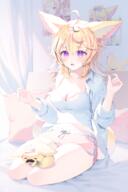 1girl animal_ear_fluff animal_ears black_hair blonde_hair blurry breasts indoors long_hair looking_at_viewer multicolored_hair open_mouth pink_hair shirt sidelocks sitting smile solo streaked_hair tail white_shirt // 3000x4500 // 6.6MB