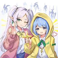 2girls blue_eyes closed_mouth earrings fii_fii_(feefeeowo) frieren green_eyes holding jacket jewelry jubilee_2025 luce_(jubilee_2025) multiple_girls necklace open_mouth shirt skirt smile sousou_no_frieren twintails upper_body white_hair white_shirt // 1160x1160 // 226.0KB