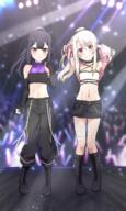2girls absurdres belt black_belt black_footwear black_hair black_pants black_shorts black_sleeves blush boots breasts brown_eyes camui1104 closed_mouth crop_top detached_sleeves fatekaleid_liner_prisma_illya fate_(series) fate_kaleid_liner_prisma_illya fishnet_pantyhose fishnets full_body hair_between_eyes highres illyasviel_von_einzbern knee_boots long_hair looking_at_viewer midriff miyu_edelfelt multiple_girls na-suke navel pants pantyhose ponytail red_eyes sensitive shorts small_breasts smile standing strapless tube_top white_tube_top // 2089x3477 // 5.9MB