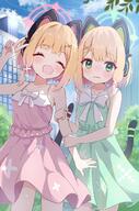 2girls ^_^ animal_ear_headphones animal_ears bare_arms blonde_hair blue_archive blunt_bangs blush bow cat_tail closed_eyes closed_mouth collarbone commentary cowboy_shot d day dress fake_animal_ears general green_dress green_eyes hair_ornament hairclip hand_up headphones holding_another's_arm midori_(blue_archive) mikumiku37 momoi_(blue_archive) multiple_girls open_mouth outdoors pink_dress short_hair siblings sisters sleeveless sleeveless_dress smile tail v white_bow // 1576x2380 // 440.2KB