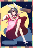 1girl adapted_costume animal_ears black_hair bloomers bunny_ears closed_mouth commentary egasumi eyelashes full_moon hair_between_eyes hammer hands_up highres holding holding_hammer inaba_tewi japanese_clothes juliet_sleeves kimono kine knee_up light_blush long_skirt long_sleeves mallet medium_hair mid-autumn_festival moon night no_shoes nyan_c pink_skirt puffy_sleeves rabbit_ears rabbit_girl red_eyes red_ribbon ribbon safe skirt smile socks solo sparkle standing standing_on_one_leg symbol-only_commentary touhou touhou_project underwear white_bloomers white_kimono white_legwear white_socks wide_sleeves // 880x1280 // 585.0KB