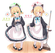 2girls ;d animal_ear_headphones animal_ears apron araki495 black_dress black_footwear blonde_hair blue_archive blue_bow blush bow broom bucket character_name cleaning_rag cloth commentary_request dress fake_animal_ears frilled_apron frills full_body general green_bow green_eyes hair_bow halo headphones heart highres holding holding_broom holding_bucket holding_rag long_sleeves looking_at_viewer maid maid_apron maid_headdress mary_janes midori_(blue_archive) midori_(maid)_(blue_archive) momoi_(blue_archive) momoi_(maid)_(blue_archive) multiple_girls official_alternate_costume one_eye_closed open_mouth pantyhose puffy_long_sleeves puffy_sleeves rag red_bow red_eyes shoes siblings simple_background sisters smile spoken_heart spoken_star standing star_(symbol) translated twins two_side_up v-shaped_eyebrows white_apron white_background white_pantyhose wooden_floor // 1300x1253 // 804.1KB
