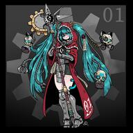 1girl absurdres adeptus_mechanicus adeptus_mechanicus_(symbol) alternate_costume aqua_eyes aqua_hair artificial_eye axe belt black_skirt blush bright_pupils closed_mouth commentary crossover english_commentary full_body glowing glowing_eyes hatsune_miku highres holding holding_axe hood kabewski long_hair looking_at_viewer mechanical_arms mechanical_eye mechanical_legs purity_seal red_hood red_robe robe servo-skull skirt smile solo standing twintails very_long_hair vocaloid warhammer_40,000 warhammer_40k // 2500x2500 // 656.1KB