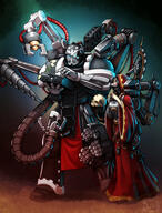 1boy 1girl absurdres adeptus_astartes adeptus_mechanicus armor black_hair blush breastplate cellphone claw_(weapon) commentary drill english_commentary flamethrower full_armor full_body game_console games_workshop general green_eyes height height_difference highres holding hooded_robe iron_hands_(warhammer) long_hair mechanical_tentacles microsoft nokia_(company) nokia_3310 pelvic_curtain phone q red_hood red_robe robe sankaku science_fiction servo-skull skull space_marine techpriest time_paradox warhammer_40,000 warhammer_40k weapon xbox zliva // 2274x3000 // 6.4MB