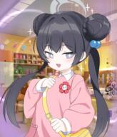 +_+ 1girl bag black_hair blue_archive blush character_name commentary cran_berrie d double_bun english_commentary game_screenshot_background general grey_eyes grey_halo hair_between_eyes hair_bobbles hair_bun hair_intakes hair_ornament halo hand_up handbag happy indoors kindergarten_uniform kisaki_(blue_archive) kisaki_(kindergarten_uniform)_(blue_archive) long_hair long_sleeves looking_at_viewer official_alternate_costume open_mouth pink_shirt puffy_long_sleeves puffy_sleeves screenshot_background shirt smile solo sparkle translated twintails upper_body // 1752x2048 // 3.6MB