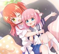 2girls ;d age_difference araki495 blue_eyes blue_skirt blush bocchi_the_rock! clothing commentary_request couch d dress female footwear frilled_legwear frilled_socks frills general gotoh_futari gotou_futari grey_sailor_collar highres kita_ikuyo legwear long_hair multiple_girls no_shoes on_couch one_eye_closed one_side_up open-mouth_smile open_mouth outstretched_arm pillow pink_hair red_hair redhead safe sailor_collar sailor_dress shirt short_sleeves sitting skirt smile socks two_side_up white_dress white_legwear white_shirt white_socks wink yellow_eyes // 1400x1284 // 223.8KB