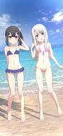 2girls absurdres adjusting_hair bare_arms bare_legs barefoot beach bikini black_hair blonde_hair blue_bikini blue_sky blush breasts brown_eyes camui1104 center-flap_bangs cloud collarbone commentary_request day dutch_angle fatekaleid_liner_prisma_illya fate_(series) fate_kaleid_liner_prisma_illya frilled_bikini frills full_body halterneck hand_up highres illyasviel_von_einzbern loli long_hair looking_at_viewer medium_hair micro_bikini miyu_edelfelt multiple_girls na-suke navel ocean open_mouth outdoors pink_bikini red_eyes sand sensitive shore side-tie_bikini_bottom side_ponytail sidelocks sky small_breasts smile standing stomach string_bikini swimsuit // 1783x3864 // 1.1MB