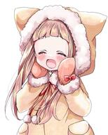 1girl alternate_costume animal_ears blunt_bangs blush bow brown_coat brown_hair brown_mittens child closed_eyes coat commentary_request dot_nose fake_animal_ears fur-trimmed_coat fur-trimmed_hood fur_trim general hands_on_own_cheeks hands_on_own_face hands_up hood hood_up hooded_coat ichihara_nina idolmaster idolmaster_cinderella_girls jacket long_hair long_sleeves mittens neck_ribbon open_mouth pocket red_bow red_ribbon ribbon simple_background smile solo standing straight_hair three_quarter_view tongue upper_body white_background winter_clothes yumeno_(rubbercup) // 800x1000 // 126.6KB
