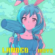 1girl album_cover animal_ears belldot blue_hair blue_shirt blush_stickers bunny_ears closed_mouth cloud clouds collarbone colored_skin cover english_text floppy_ears frilled_shirt_collar frilled_sleeves frills frown game_cg green_sky hammer high_contrast holding holding_hammer iosys low_twintails medium_hair official_art over_shoulder pink_eyes pink_skin puffy_short_sleeves puffy_sleeves rabbit_ears safe seiran_(touhou) shirt short_sleeves square_neckline straight-on text touhou touhou_cannonball touhou_project twin_tails twintails upper_body weapon weapon_over_shoulder // 512x512 // 187.4KB