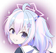 1girl ahoge alternate_hairstyle beads blue_archive blue_hair close-up commentary cran_berrie doyagao english_commentary from_behind general gradient_hair grin hair_beads hair_between_eyes hair_ornament halo long_hair looking_at_viewer looking_back multicolored_hair pink_hair pink_halo purple_background purple_eyes reisa_(blue_archive) sailor_collar school_uniform serafuku simple_background smile smug solo sparkle star_(symbol) star_hair_ornament star_halo streaked_hair twintails two-tone_hair v-shaped_eyebrows white_background white_sailor_collar // 4840x4592 // 6.7MB