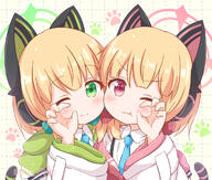 2girls animal_ear_headphones animal_ears araki495 blonde_hair blue_archive blue_bow blue_necktie blush bow brown_background closed_mouth collared_shirt commentary dotted_line fake_animal_ears general green_eyes grid_background hair_bow halo hand_up headphones hood hood_down hooded_jacket jacket looking_at_viewer midori_(blue_archive) momoi_(blue_archive) multiple_girls necktie paw_print paw_print_background pink_eyes red_bow shirt siblings sisters t tail twins upper_body wavy_mouth white_jacket white_shirt // 1300x1105 // 869.2KB