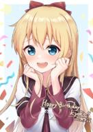 1girl blonde_hair blue_eyes bow d dated english_text hair_bow happy_birthday layered_sleeves long_hair long_sleeves looking_at_viewer nanamori_school_uniform pizza_(pizzania_company) red_bow safe school_uniform sensitive serafuku short_over_long_sleeves short_sleeves smile solo toshinou_kyouko upper_body yuru_yuri // 868x1228 // 959.6KB