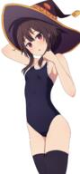 1girl absurdres arm_up arms_up black_hat black_thighhighs blue_one-piece_swimsuit blue_swimsuit blush breasts brown_hair camui1104 commentary_request competition_school_swimsuit fanbox_reward female hat highres kono_subarashii_sekai_ni_shukufuku_wo! light_background looking_at_camera megumin na-suke one-piece_swimsuit one_piece_swimsuit open_mouth pixiv pixiv_125653305 pixiv_32280692 red_eyes school_swimsuit sensitive shadow short_hair short_hair_with_long_locks sidelocks simple_background small_breasts solo standing swimsuit thigh_highs thighhighs white_background witch_hat なーすけ_na-suke スク水めぐみん // 1895x4093 // 1.4MB
