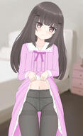 1girl animal_print bed bedroom black_bow black_pantyhose blush bow bow_panties brown_eyes brown_hair cat_print clothes_lift clothes_writing collarbone dress dress_lift flat_chest hair_ornament lamp loli long_hair long_sleeves looking_at_viewer navel nightstand original panties pantyhose pink_bow pink_dress polka_dot polka_dot_panties print_panties sensitive shooko smile standing underwear white_panties x_hair_ornament // 1226x2011 // 1.0MB
