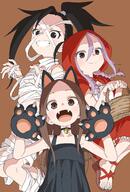 3girls animal_ears animal_hands bandages bangs basket bell bell_choker black_choker black_dress black_eyes black_gloves black_hair braid brown_background brown_eyes brown_footwear brown_hair capelet cat_ears choker claw_pose closed_mouth commentary_request cosplay creator_connection crossover d dress ears fangs female footwear gloves grin hair_between_eyes hair_over_shoulder halloween high_ponytail holding holding_basket hood hood_up hooded_capelet jingle_bell karakai_jouzu_no_takagi-san kunoichi_tsubaki_no_mune_no_uchi little_red_riding_hood little_red_riding_hood_(character) little_red_riding_hood_(grimm) little_red_riding_hood_(grimm)_(cosplay) loli long_hair multiple_crossover multiple_females multiple_girls mummy_costume naked_ribbon neck_bell nekomimi official_art open-mouth_smile open_mouth parted_bangs paw_gloves paws ponytail purple_hair questionable red_capelet red_skirt ribbon safe sandals sensitive shirt shougi_no_yatsu simple_background skirt sleeveless sleeveless_dress smile soredemo_ayumu_wa_yosetekuru takagi-san tied_hair tsubaki_(kunoichi_tsubaki_no_mune_no_uchi) twin_braids very_long_hair white_shirt yamamoto_souichirou yaotome_urushi // 2773x4096 // 1.1MB