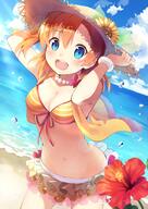 10s 1_female 1girl asymmetrical_hair beach bikini blue_eyes blush breasts brown_hair cleavage clothing cloud commentary_request d day female flower front-tie_bikini front-tie_bikini_top front-tie_top hands_on_headwear hat hat_flower hibiscus high_resolution highres jewelry kosaka_honoka kousaka_honoka loli looking_at_viewer love_live! love_live!_school_idol_project mature medium_breasts midriff natsuiro_egao_de_1_2_jump! navel necklace nonono nonono_(nononotea) nononon one_side_up open_mouth orange_bikini orange_hair outdoors ponytail pov safe sensitive short_hair side_ponytail smile solo stomach straw_hat striped striped_bikini striped_clothes striped_swimsuit sun_hat sunflower swimsuit swimwear tied_hair water water_drop water_droplets young // 1000x1412 // 1.4MB