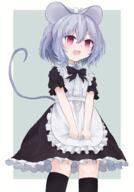1girl alternate_costume animal_ears apron apron_tug ar_(maeus) bangs black_dress black_legwear black_socks blush breasts commentary_request dress enmaided fang frilled_apron frilled_dress frilled_sleeves frills general green_background grey_hair headdress looking_at_viewer maid maid_apron maid_headdress mouse_ears mouse_girl mouse_tail nazrin open_mouth red_eyes safe short_hair skin_fang small_breasts smile socks solo sweatdrop tail touhou touhou_project two-tone_background white_apron white_background // 1678x2400 // 5.3MB