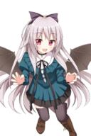 1girl aoi_tori_(purple_software) bat_wings bell black_bow black_choker black_ribbon black_skirt black_thighhighs blue_shirt blush boots bow brown_footwear choker claw_pose commentary cross-laced_footwear d eyes_visible_through_hair fang floating_hair full_body grey_hair hair_between_eyes hair_bow hair_ornament happy heart heart_hair_ornament highres jingle_bell juliet_sleeves knee_boots lace-up_boots long_hair long_ribbon long_sleeves looking_at_viewer mary_harker miniskirt neck_bell neck_ribbon open_mouth pleated_skirt puffy_sleeves red_eyes ribbon shirt sidelocks simple_background skirt smile solo thighhighs tsurime vampire very_long_hair white_background wings wistar1as // 1000x1500 // 1.2MB