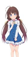 1girl absurdres ahoge blue_dress blue_eyes blush brown_hair camui1104 cowboy_shot dress frilled_shirt frills general hair_ribbon hand_on_own_chest hand_up highres hinatsuru_ai legs long_hair long_sleeves low_twintails na-suke neck_ribbon puffy_long_sleeves puffy_sleeves ribbon ryuuou_no_oshigoto! shirt simple_background smile solo twintails very_long_hair white_background white_shirt yellow_ribbon // 2020x4093 // 2.8MB